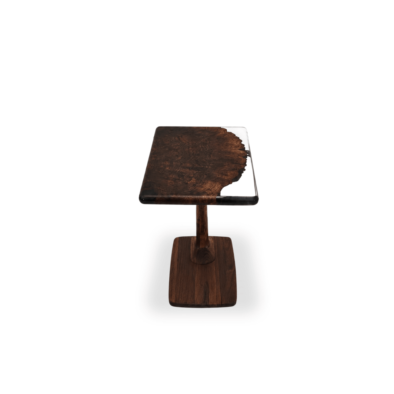 Perch Walnut Burl side table with transparent dark gray epoxy and solid walnut pedestal base
