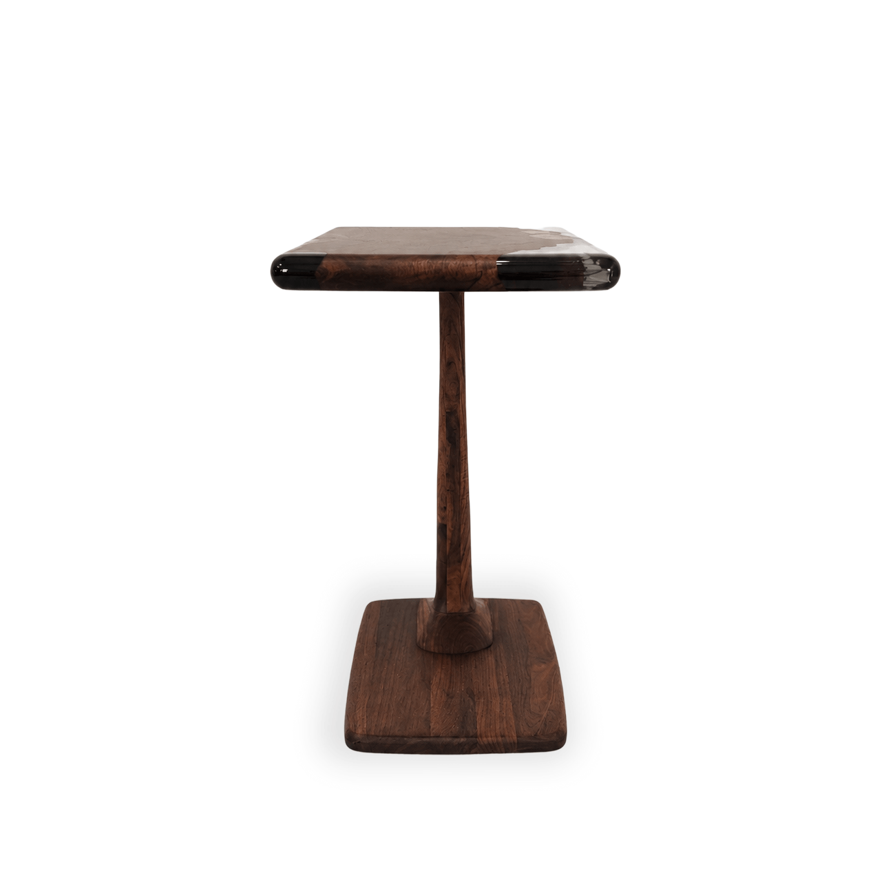 Perch Walnut Burl side table with transparent dark gray epoxy and solid walnut pedestal base