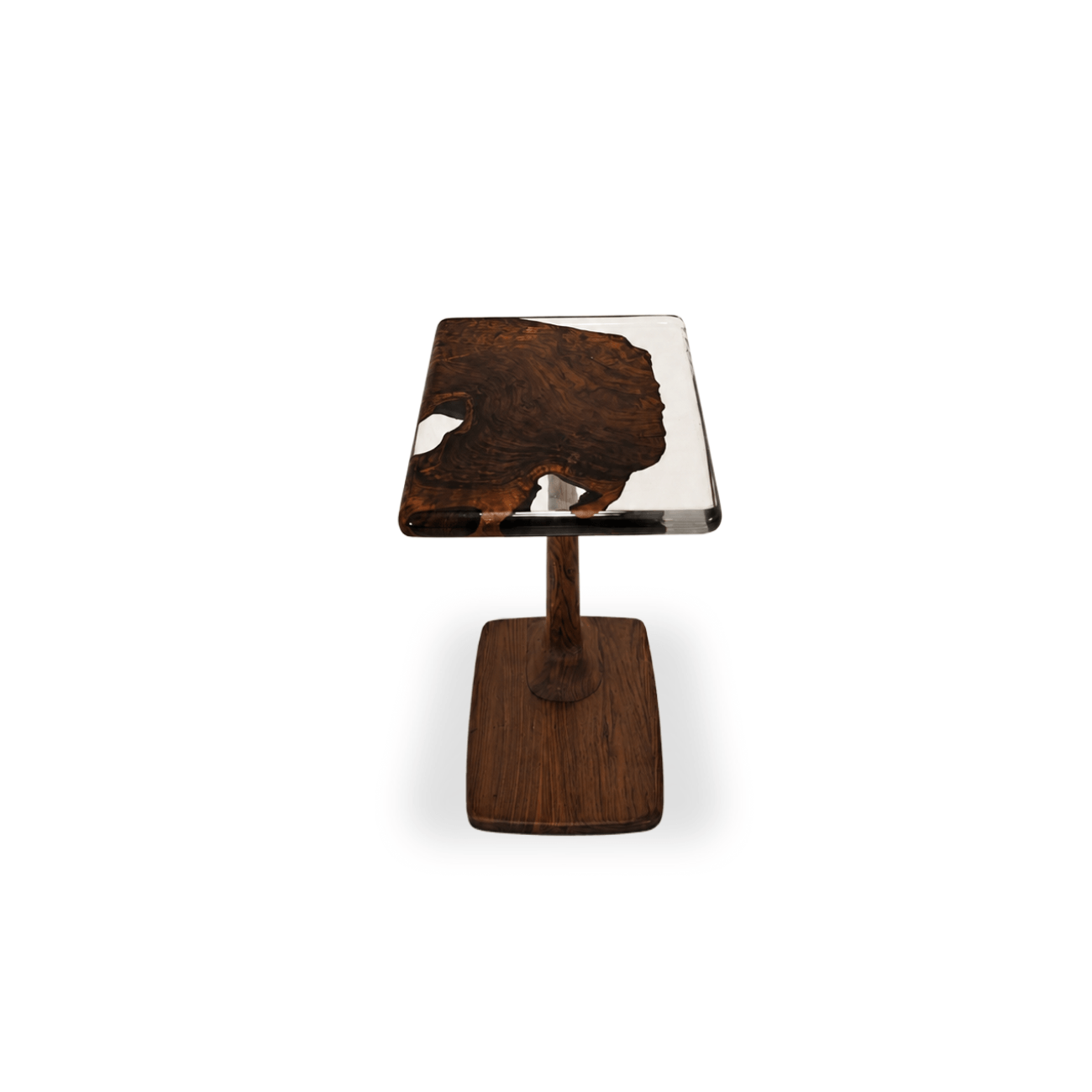 Perch Walnut Burl side table with transparent dark gray epoxy and solid walnut pedestal base