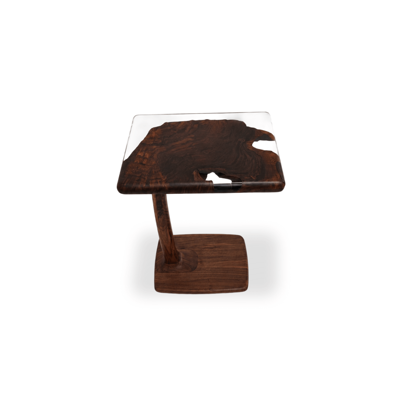 Perch Walnut Burl side table with transparent dark gray epoxy and solid walnut pedestal base