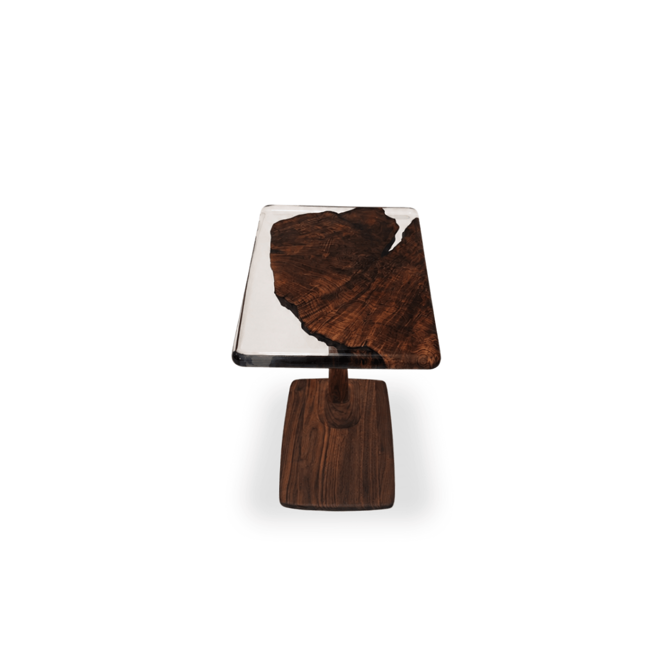 Perch Walnut Burl side table with transparent dark gray epoxy and solid walnut pedestal base