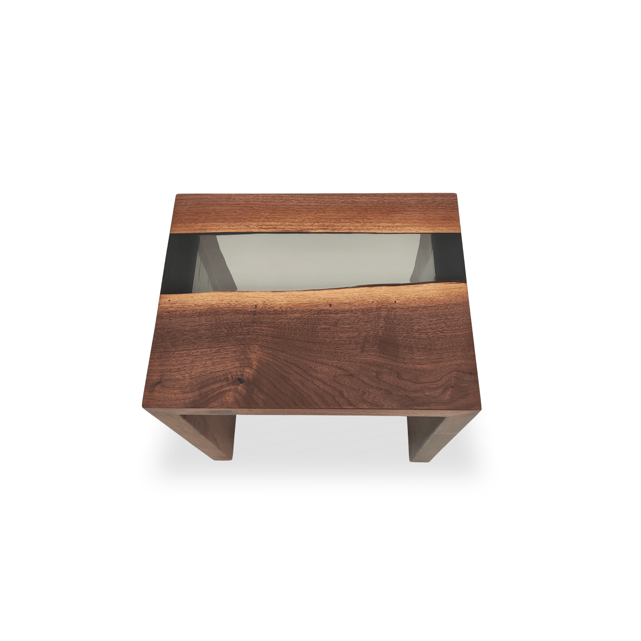 Walnut epoxy stool with waterfall-style wooden legs