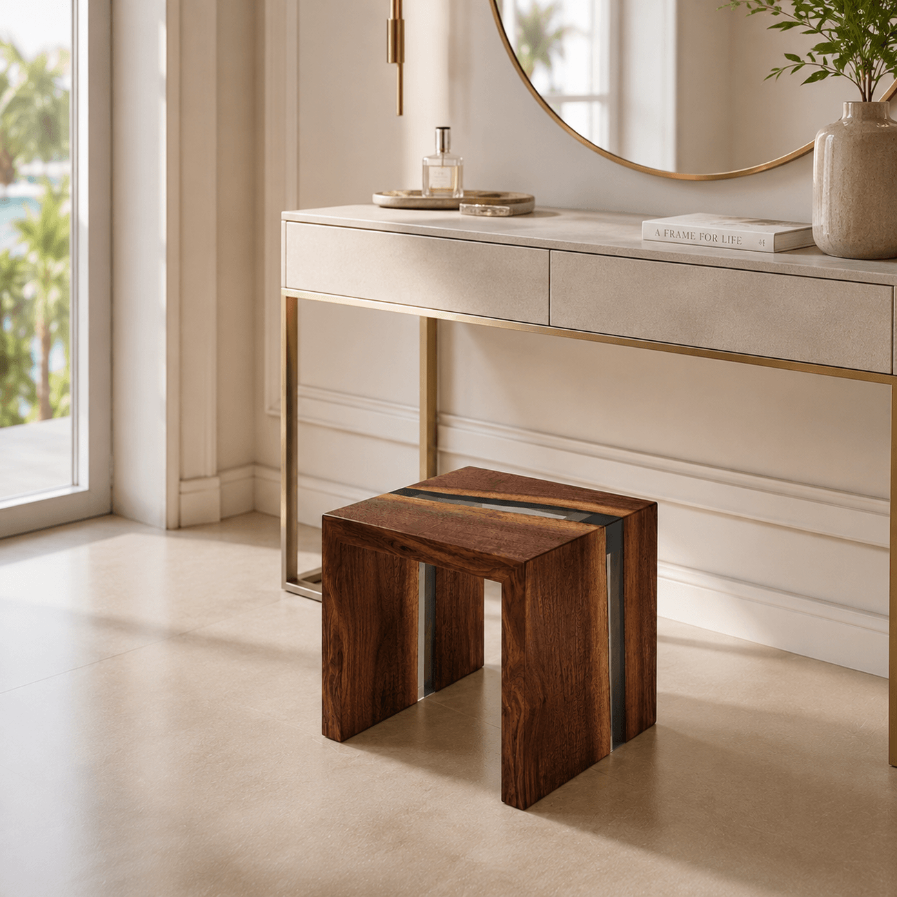 Handcrafted walnut stool with translucent gray resin detail