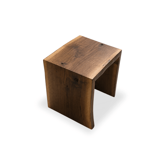 Waterfall walnut live edge stool with solid wood side panel legs