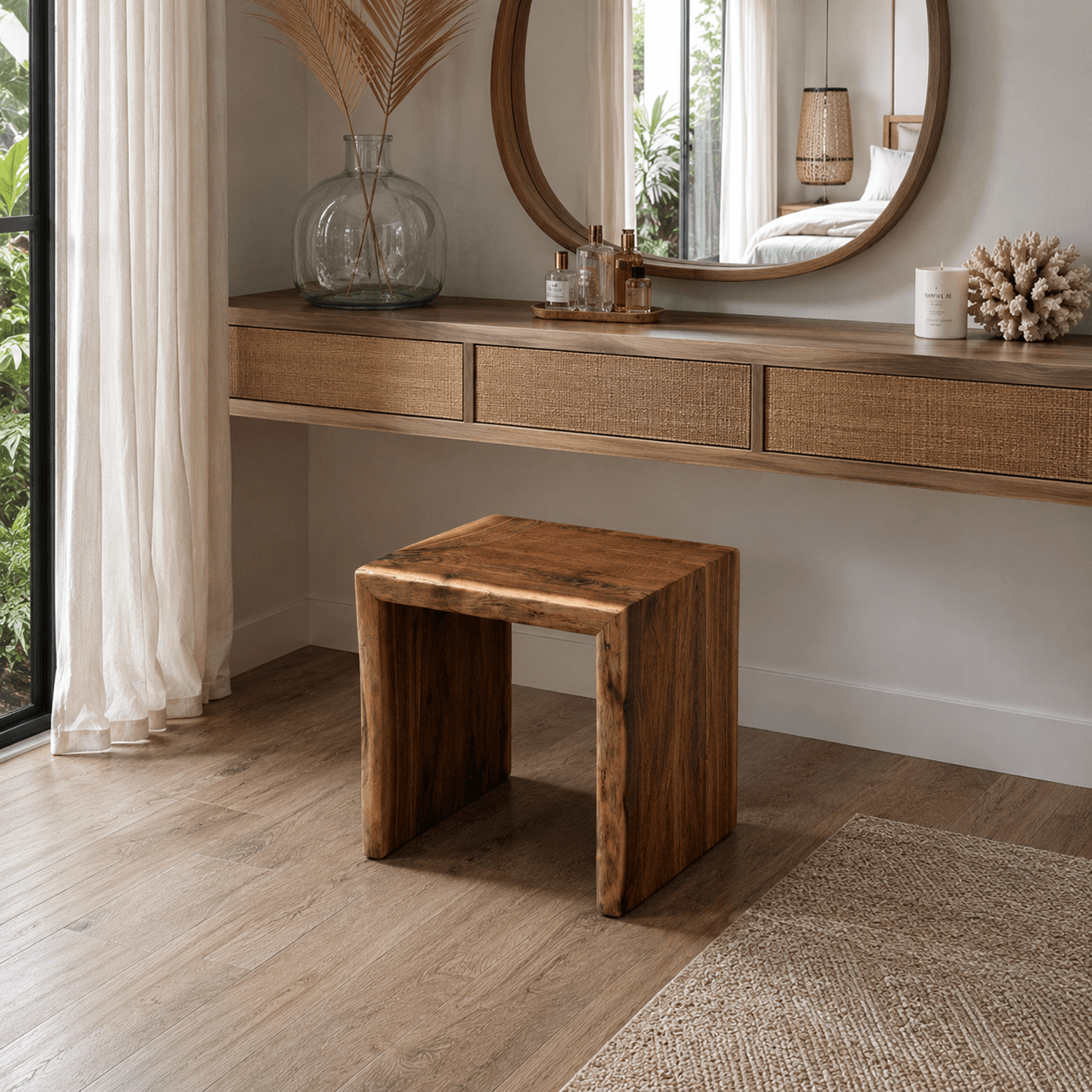 Compact walnut waterfall stool with natural grain and wooden legs
