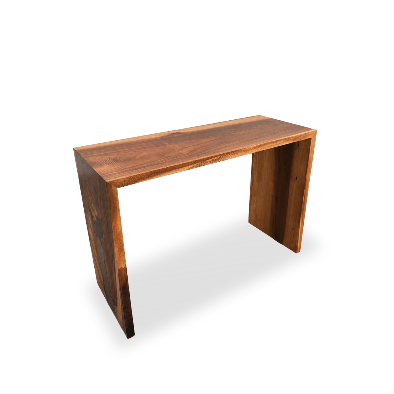 Handcrafted Monkey Pod waterfall console table with straight-edge architectural design