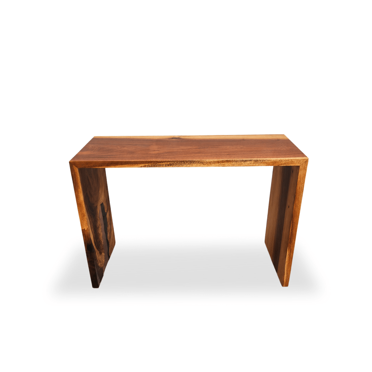 Luxury 19.5 x 51 Monkey Pod console table featuring amber epoxy-filled natural voids