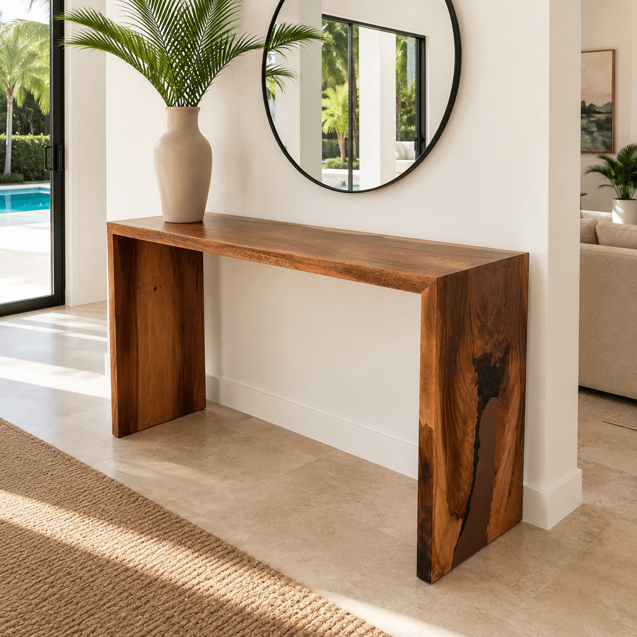 Contemporary solid Monkey Pod waterfall console table for entryways and hallways