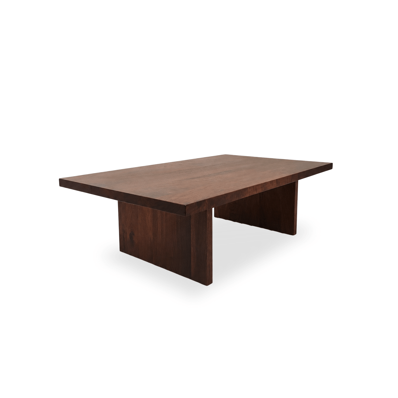 Shield solid walnut rectangular coffee table with sculptural wooden panel legs