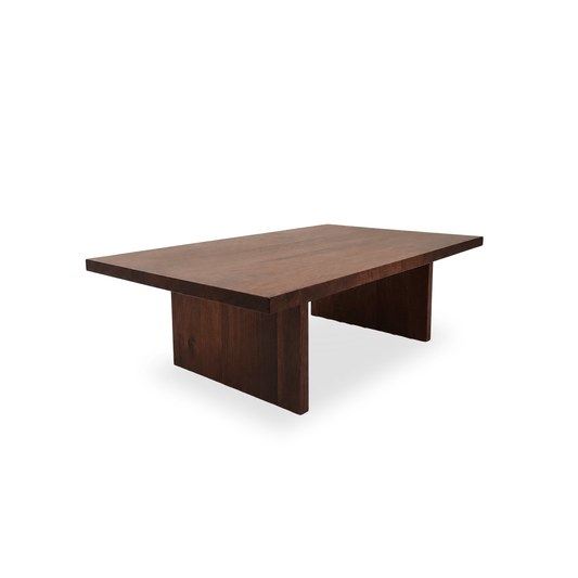 Shield solid walnut rectangular coffee table with sculptural wooden panel legs