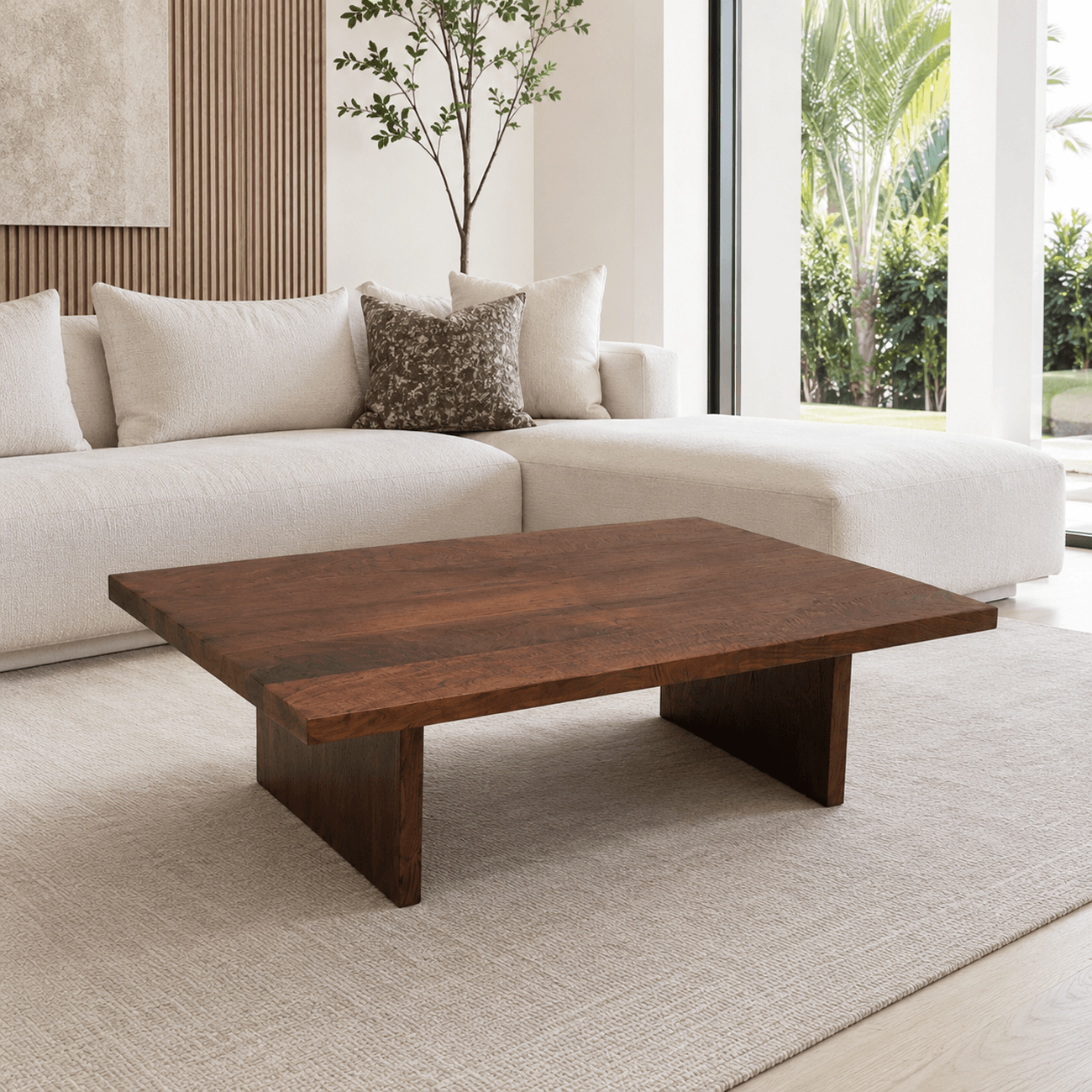 Contemporary solid walnut coffee table with minimalist wooden base