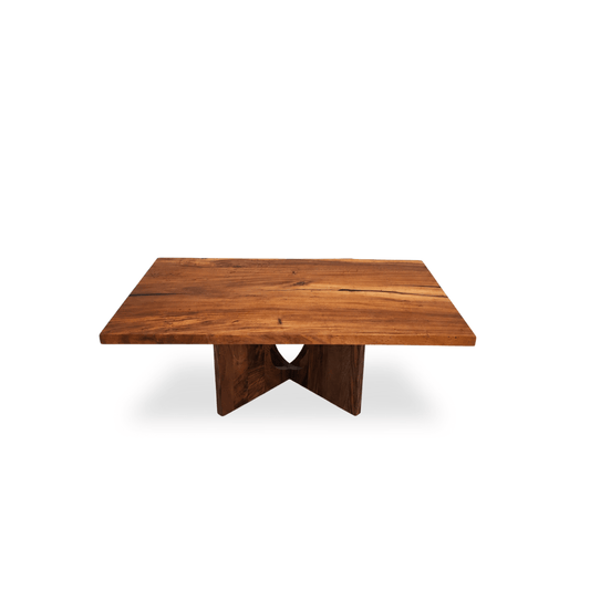 Portal Monkey Pod rectangular coffee table with sculptural solid wood pedestal base
