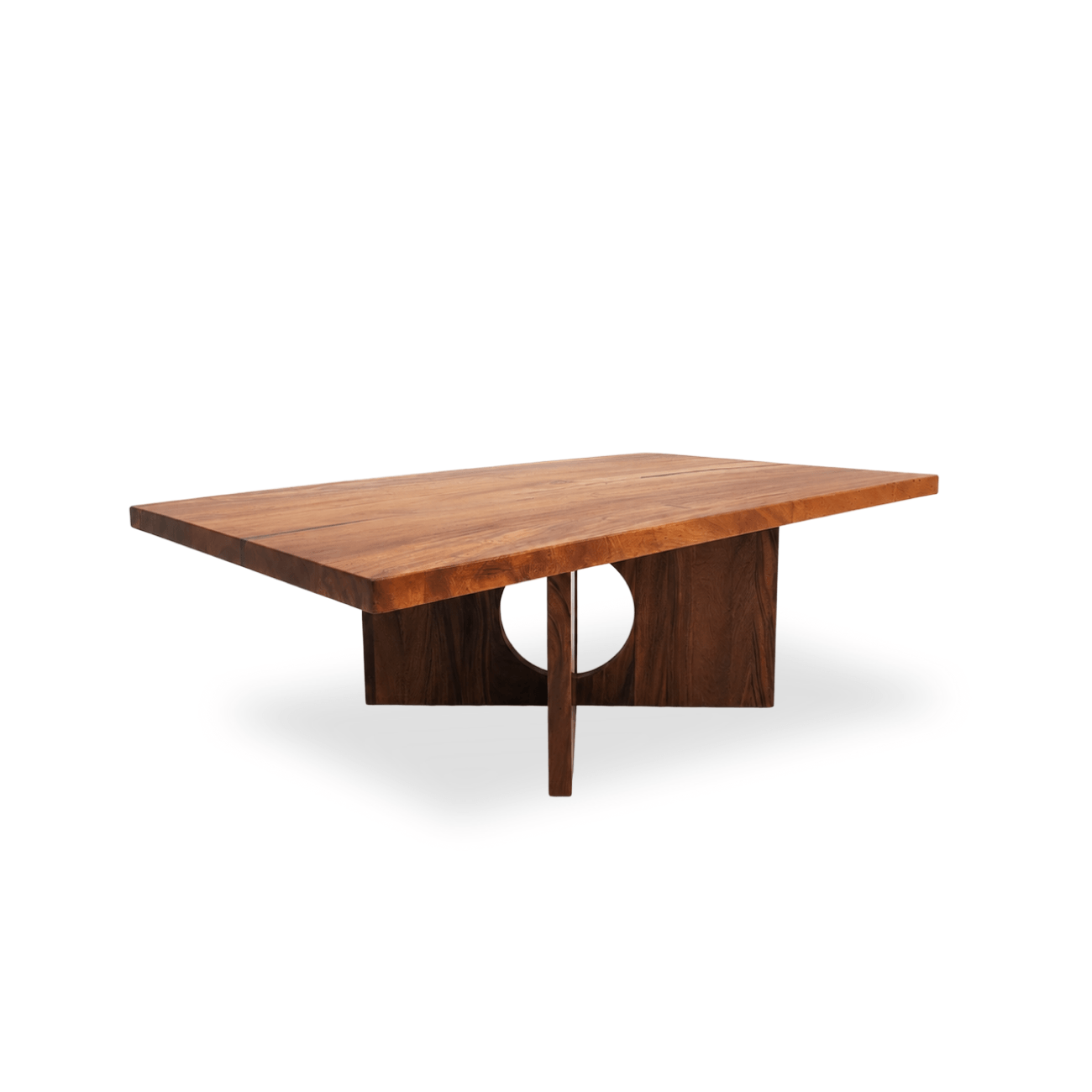 Handcrafted Monkey Pod coffee table featuring a straight-edge tabletop and geometric wooden base.
