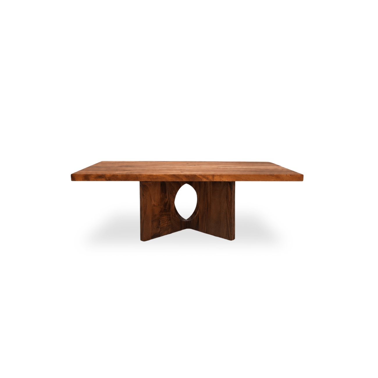 Handcrafted Monkey Pod coffee table featuring a straight-edge tabletop and geometric wooden base.
