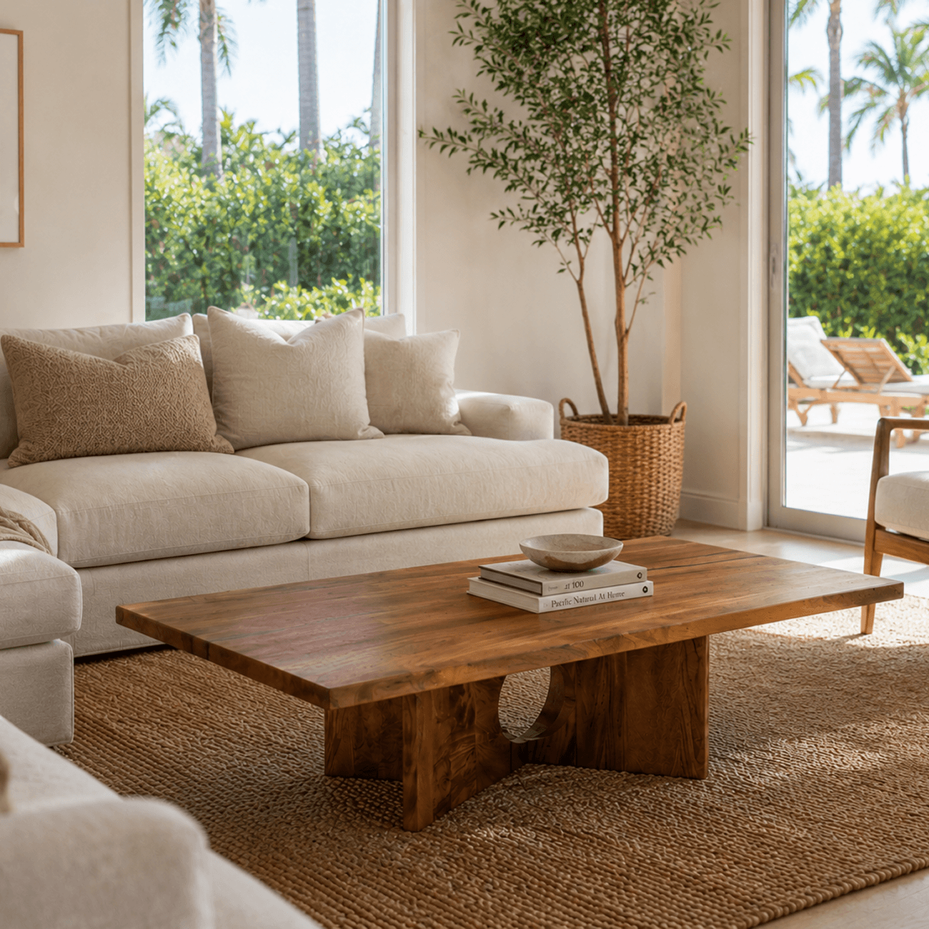 Luxury 35 x 59 Monkey Pod coffee table with architectural pedestal base