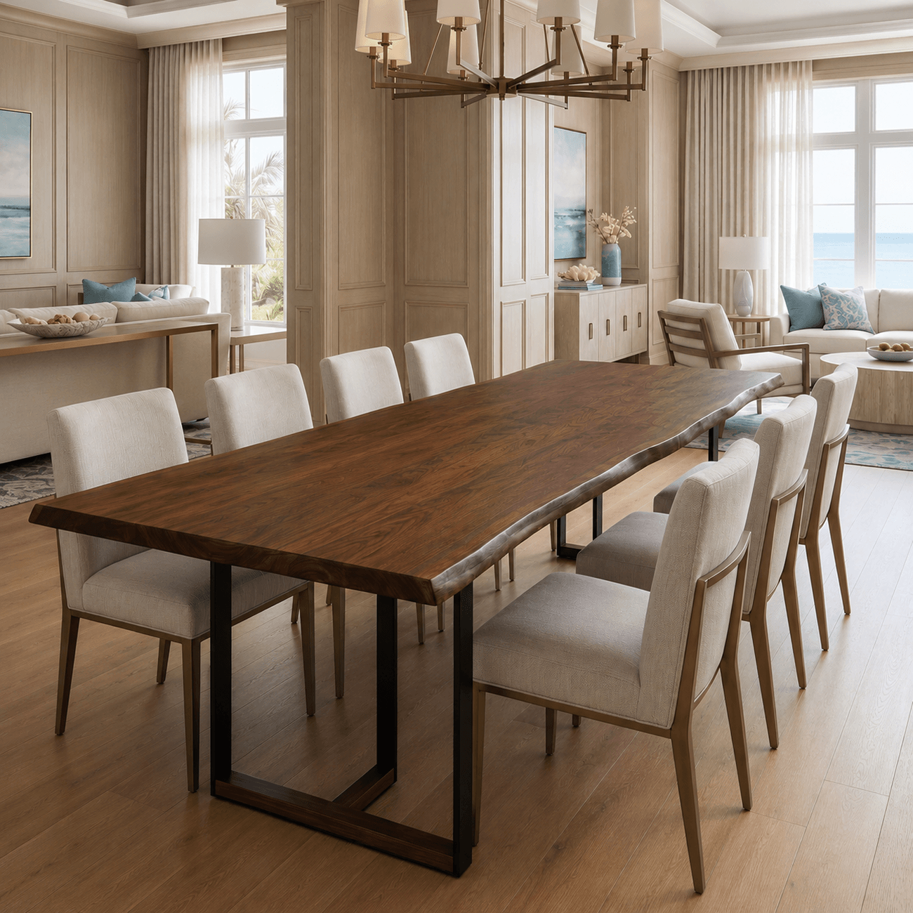 Rectangular solid walnut dining table with metal legs and wooden inserts