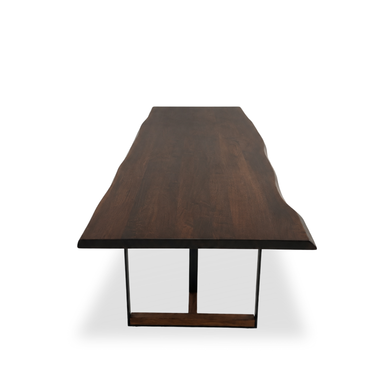 Rectangular solid walnut dining table with metal legs and wooden inserts
