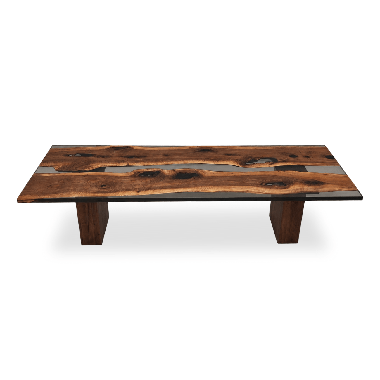 Select walnut dining table with gray epoxy river and solid wooden base