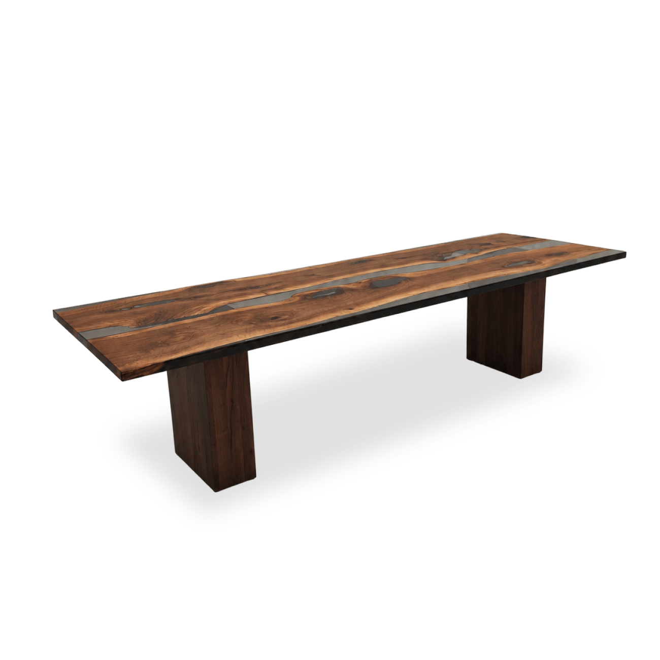 Select walnut dining table with gray epoxy river and solid wooden base