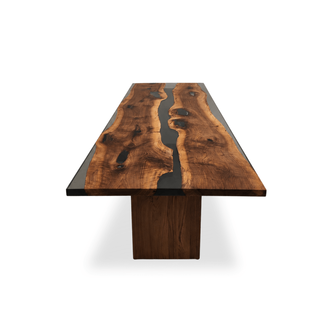 Select walnut dining table with gray epoxy river and solid wooden base