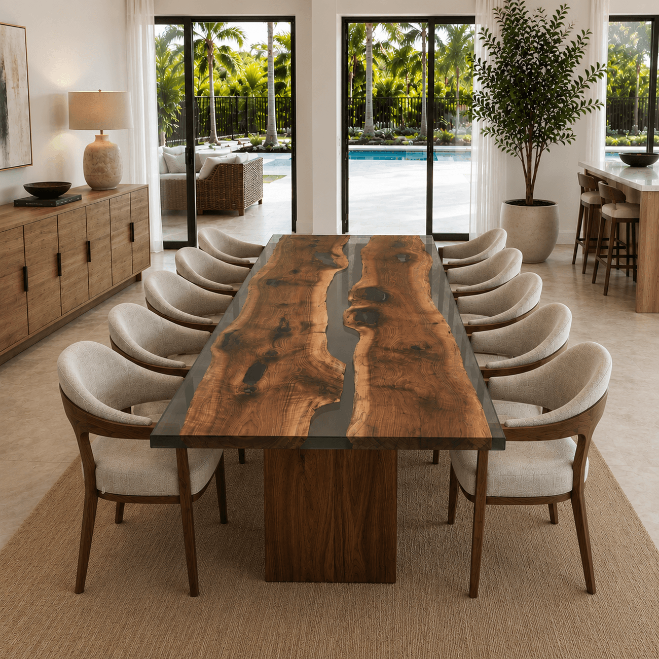 Select walnut dining table with gray epoxy river and solid wooden base