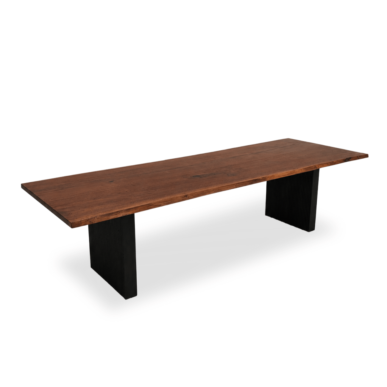 Handcrafted walnut slab dining table with rectangular fluted pedestal legs