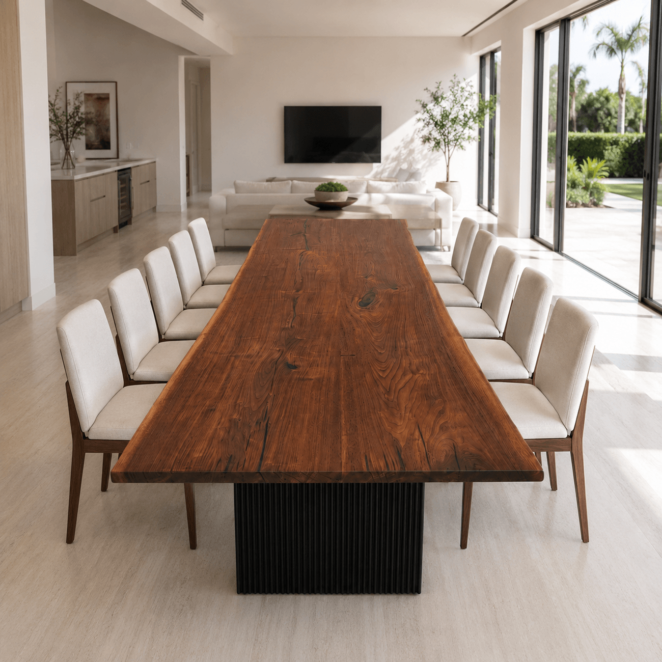 Luxury 40 x 112 walnut dining table with natural live edge