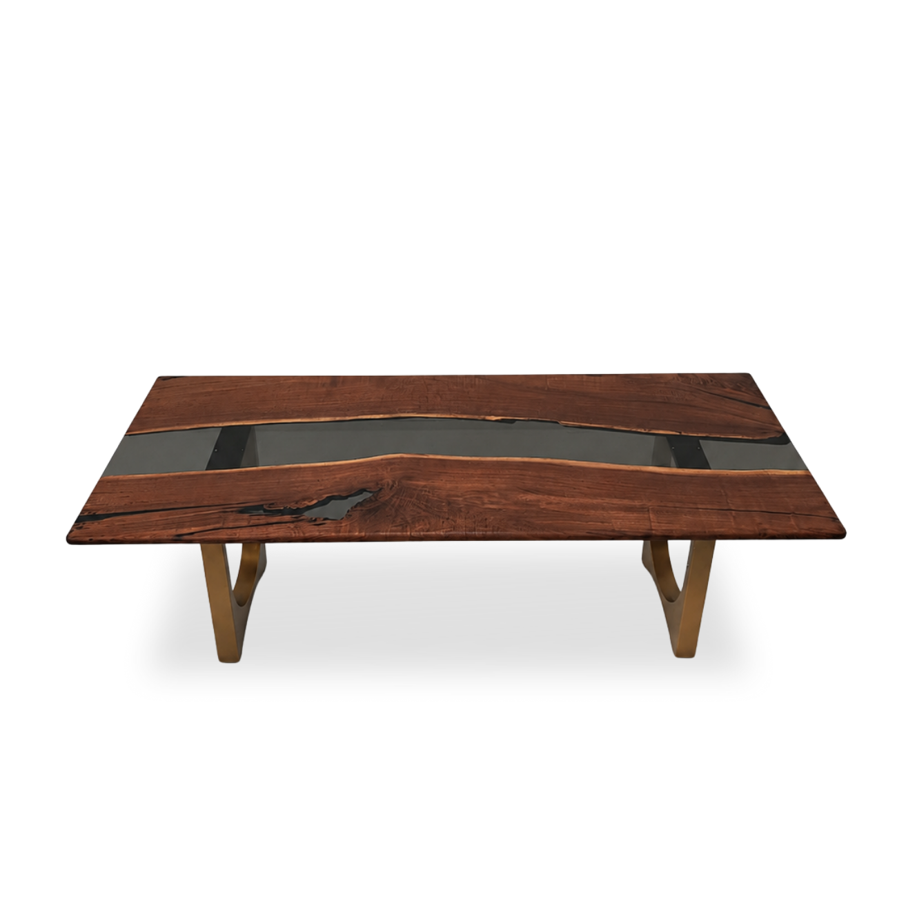Arch walnut dining table with gray epoxy river and golden metal legs