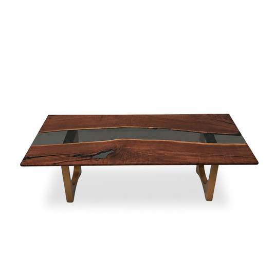 Arch walnut dining table with gray epoxy river and golden metal legs