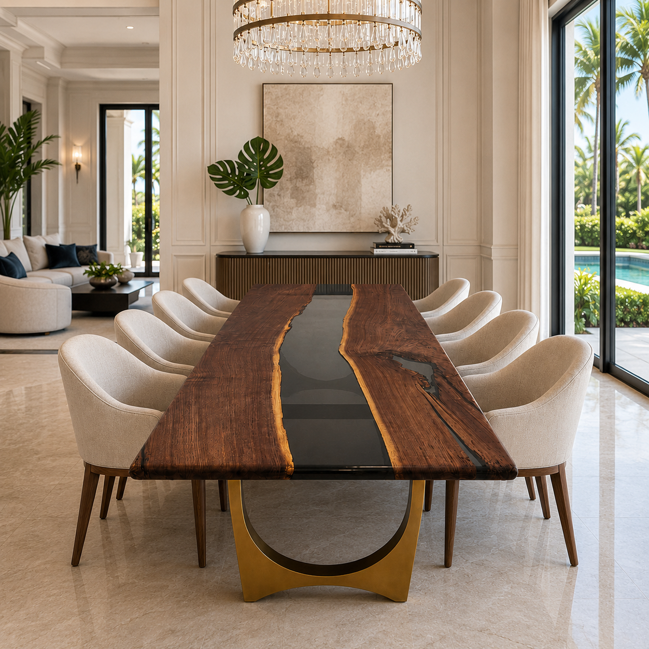 Contemporary 40 x 106 walnut dining table with gray resin river