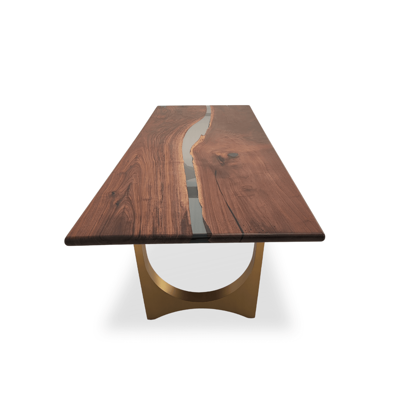 Luxury walnut dining table with gold metal arch pedestal.