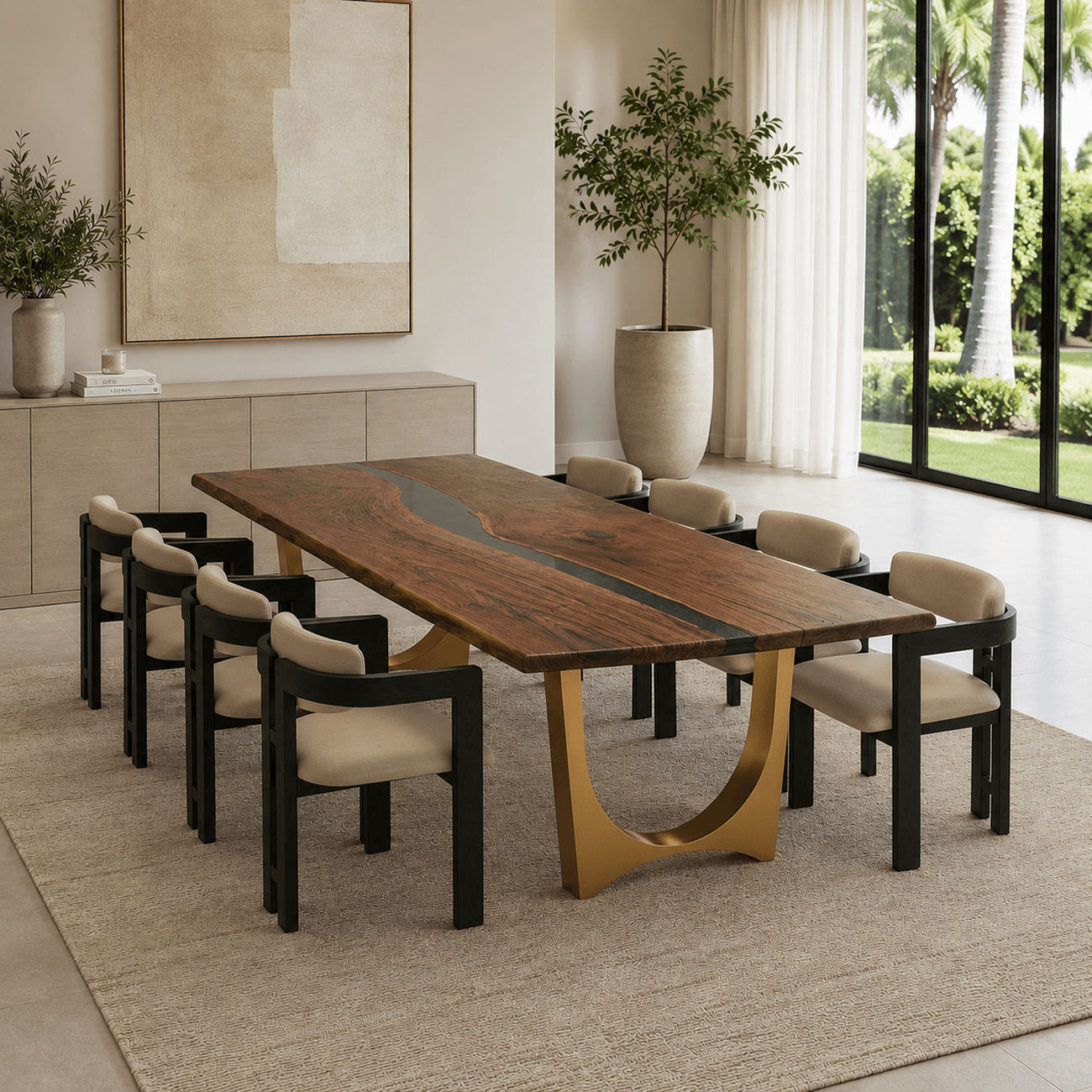 Contemporary rectangular walnut epoxy dining table for modern interiors.