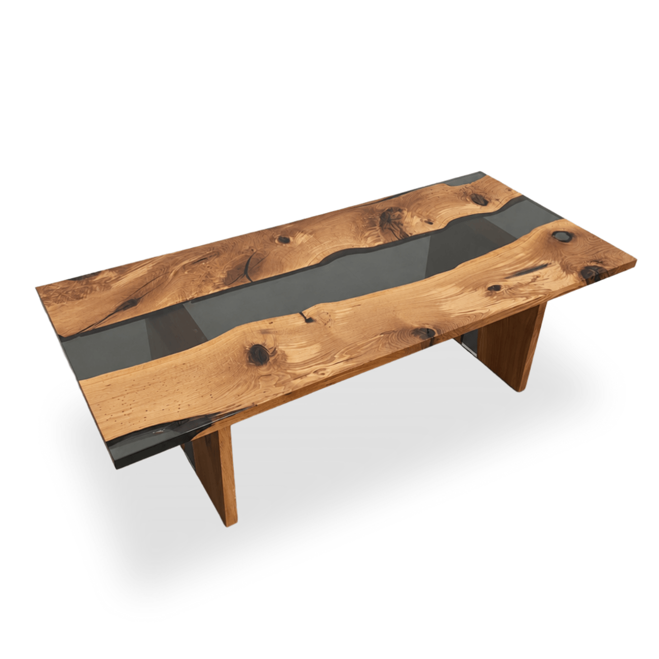 Wooden white oak dining table with a glass inset on a white background