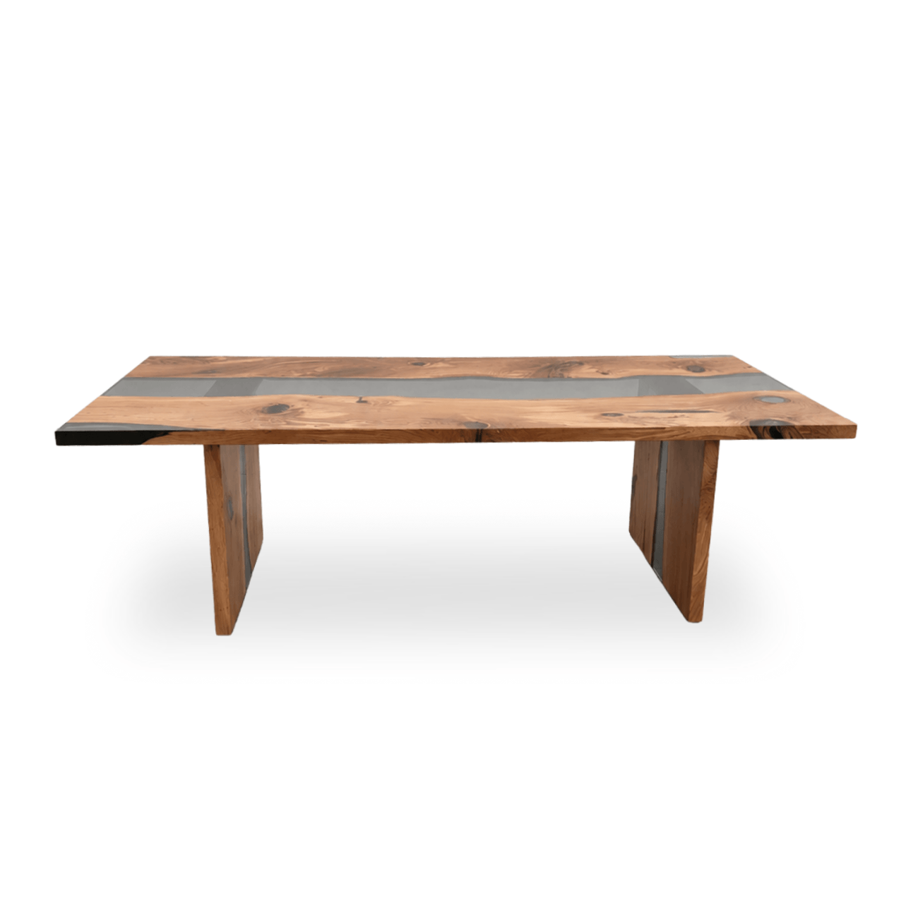 Wooden white oak dining table with a concrete top on a white background