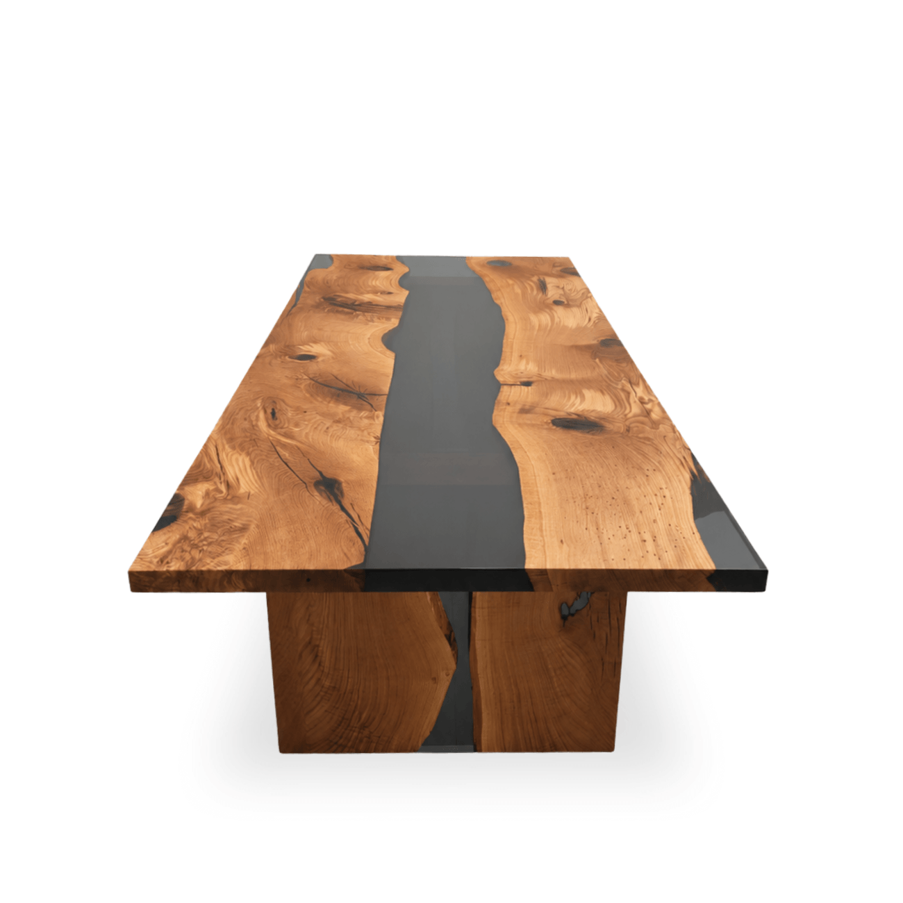 Wooden white oak dining table with black resin inlay on a white background