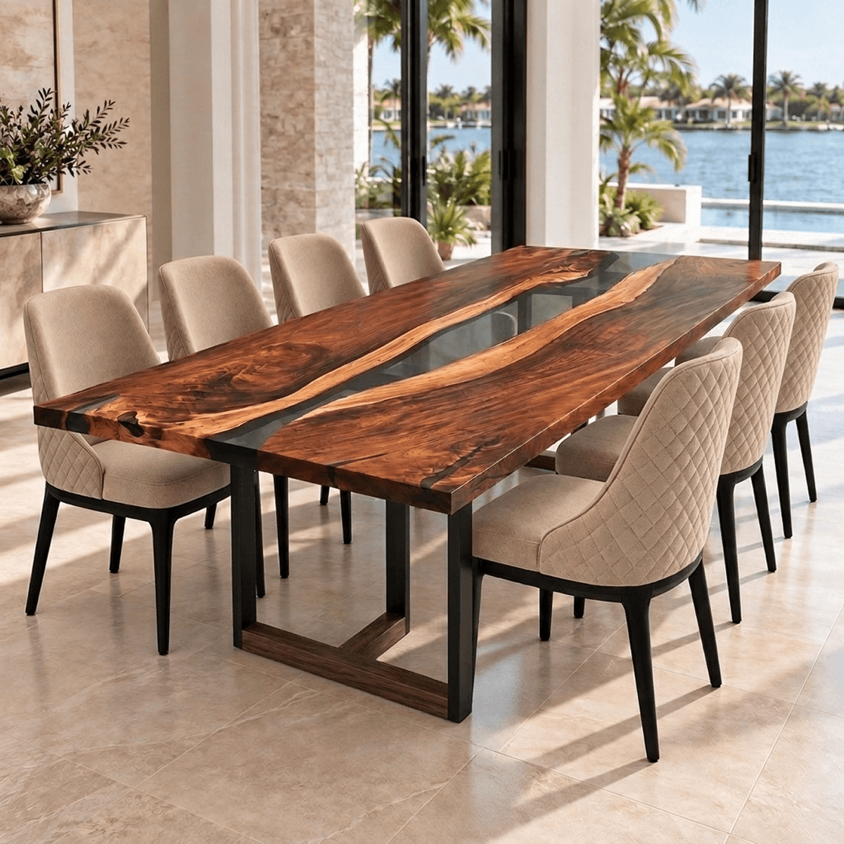 Tuco Monkey Pod dining table with smoky-gray epoxy river and black metal base