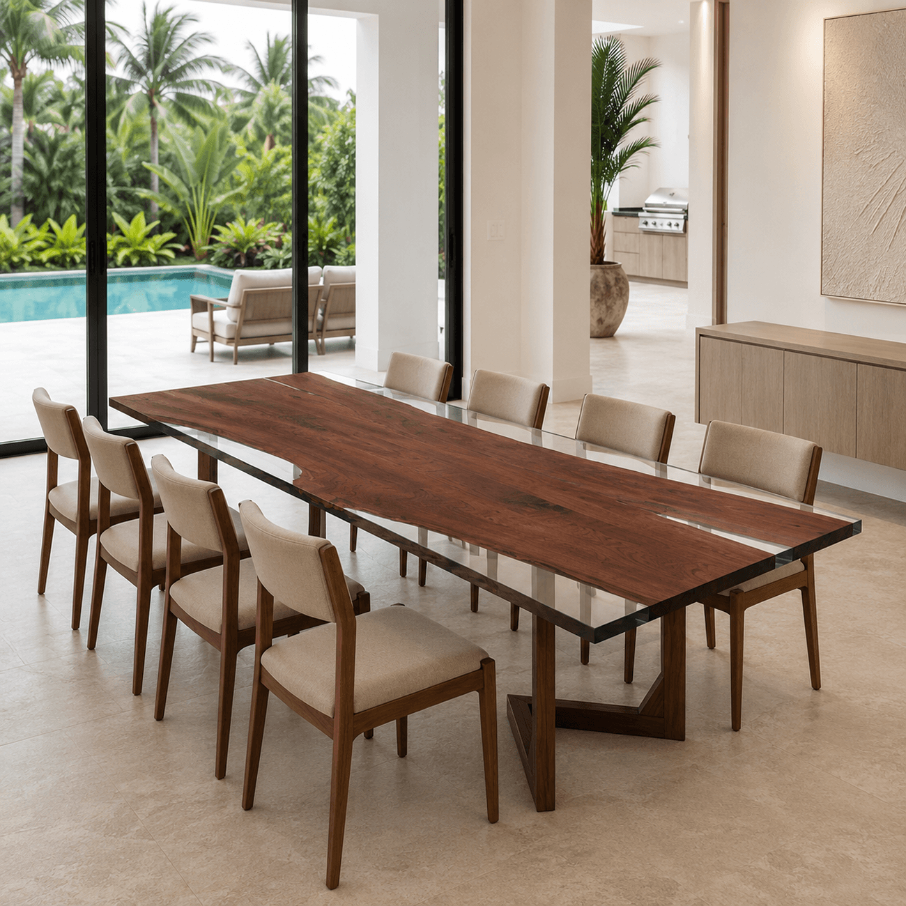 Contemporary walnut dining table with solid wood U-shaped base and straight-edge design
