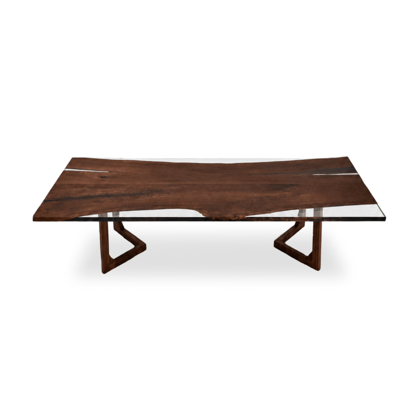 Handcrafted walnut slab dining table with crystal-clear epoxy and rectangular profile.