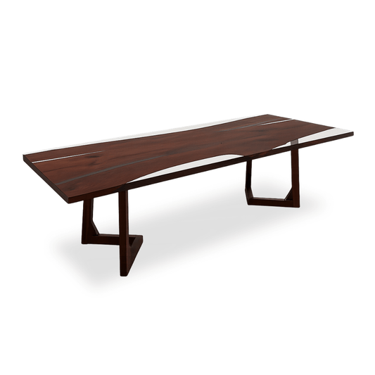 Chevron walnut dining table with clear epoxy-filled natural edges and solid wood U-shaped legs.