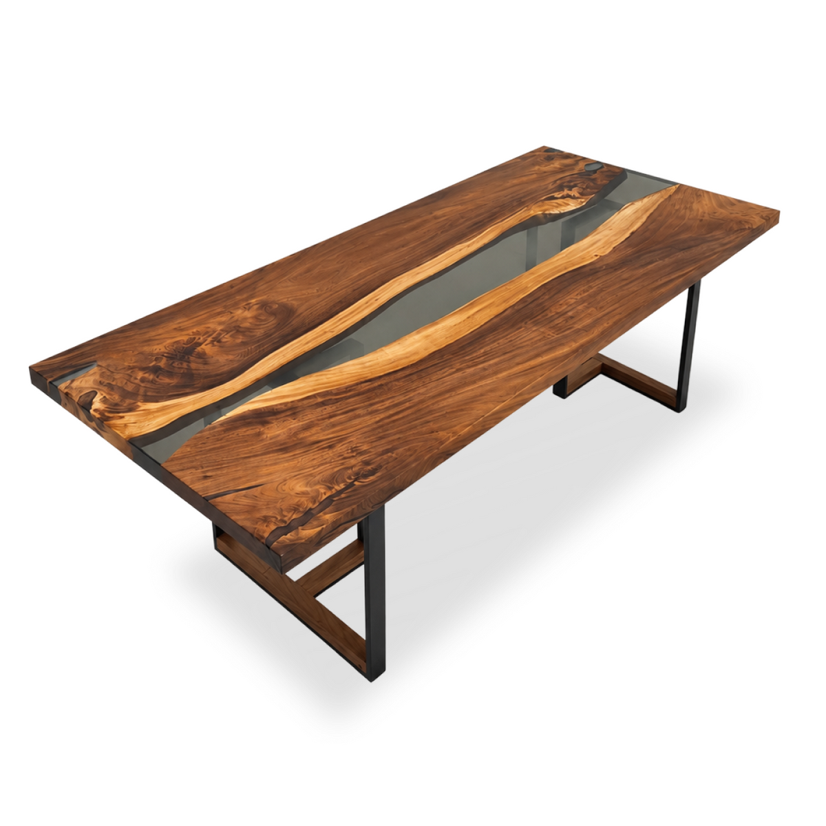 Tuco Monkey Pod dining table with smoky-gray epoxy river and black metal base