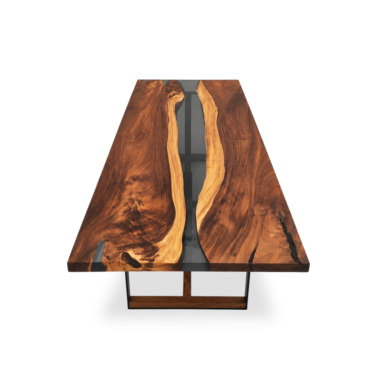 Tuco Monkey Pod dining table with smoky-gray epoxy river and black metal base