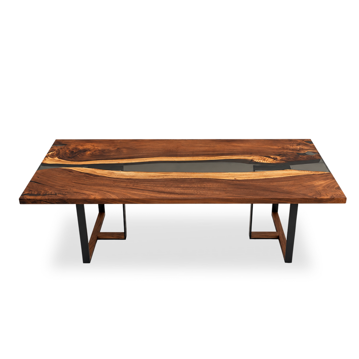 Tuco Monkey Pod dining table with smoky-gray epoxy river and black metal base