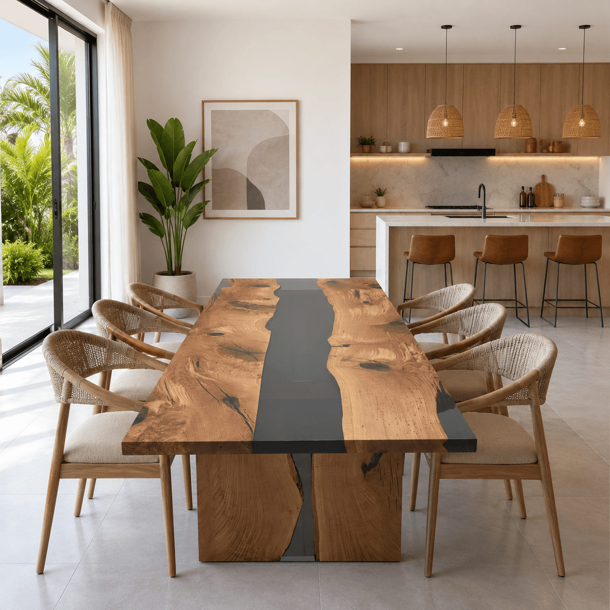 Dining area with a wooden oak table and chairs in a modern kitchen.