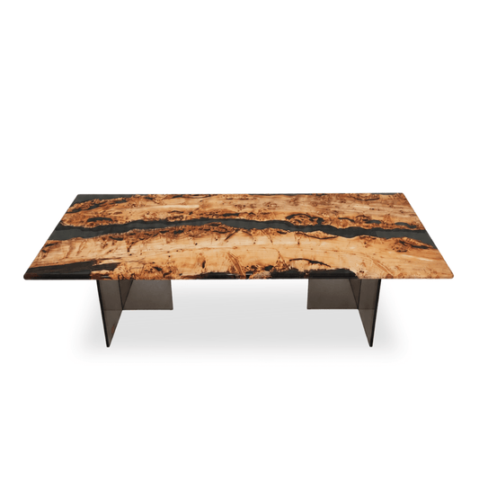 Mirage Mappa Burl dining table with dark gray epoxy river and plexiglass legs