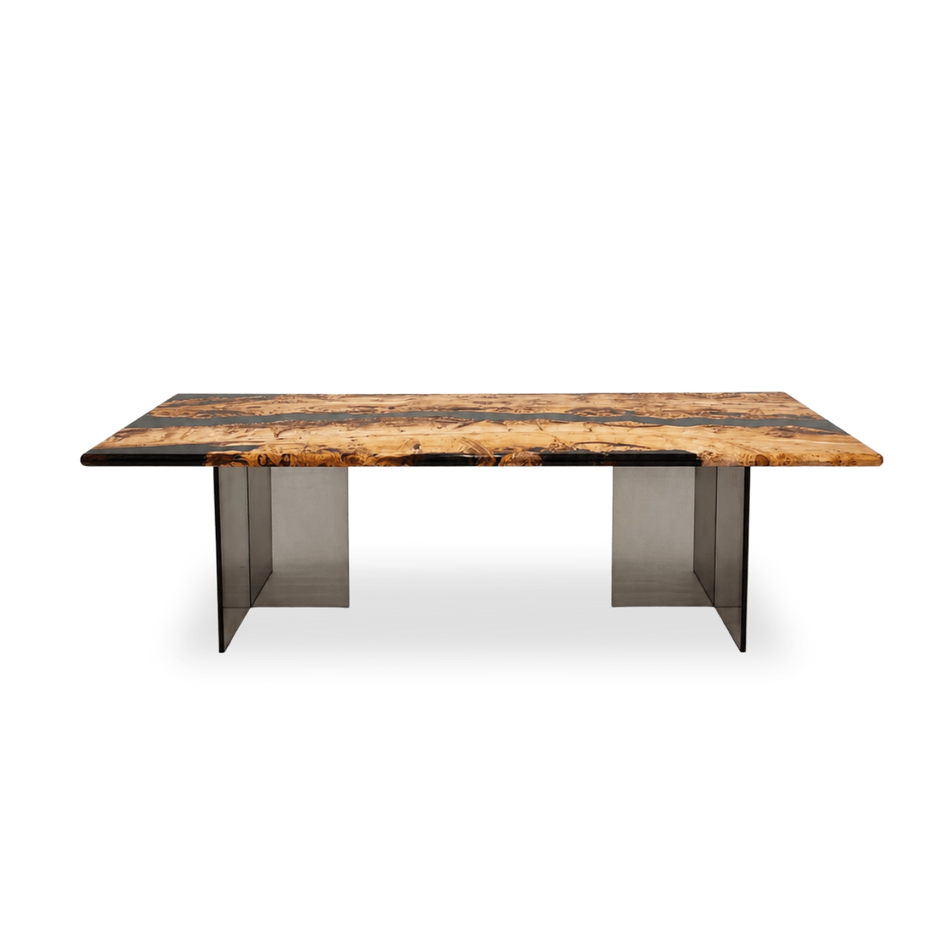 Mirage Mappa Burl dining table with dark gray epoxy river and plexiglass legs