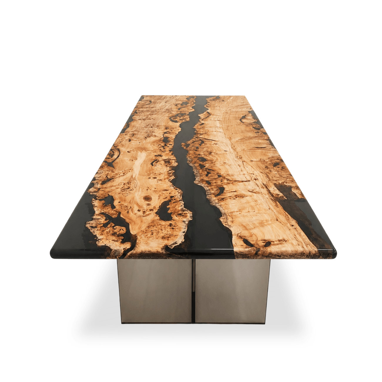 Mirage Mappa Burl dining table with dark gray epoxy river and plexiglass legs