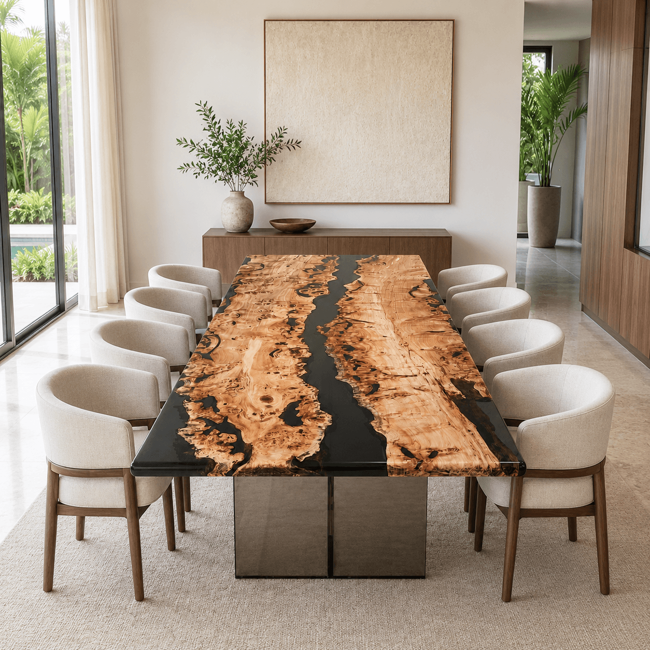 Mirage Mappa Burl dining table with dark gray epoxy river and plexiglass legs