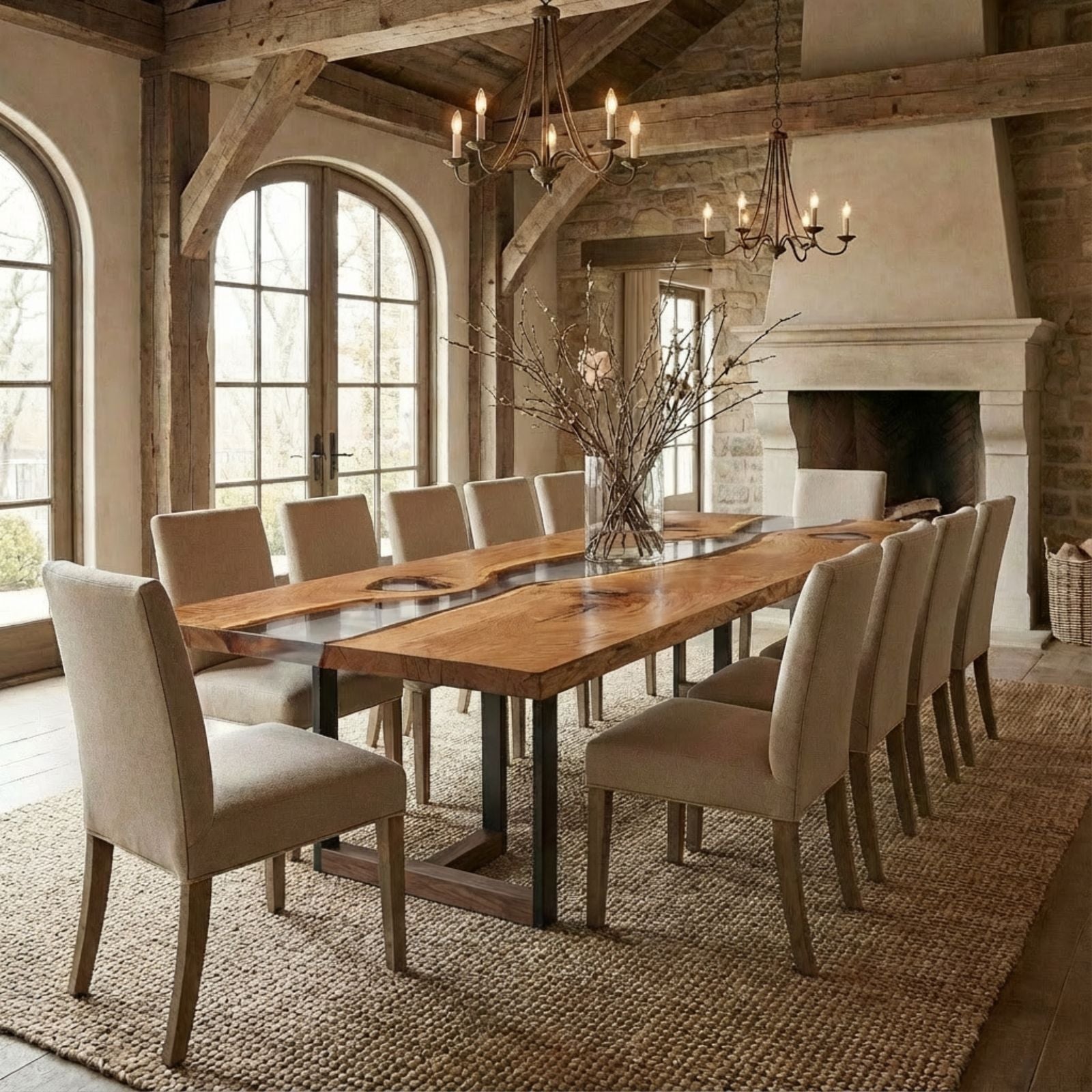 Solid Oak wood tabletop with clear epoxy detail_Holzsch