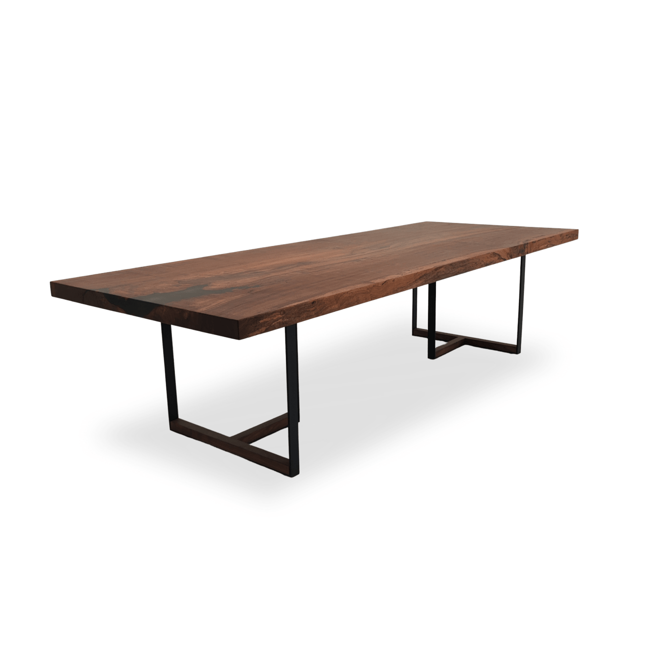 Handcrafted Congo Padauk slab dining table with wooden inserts and straight-edge tabletop