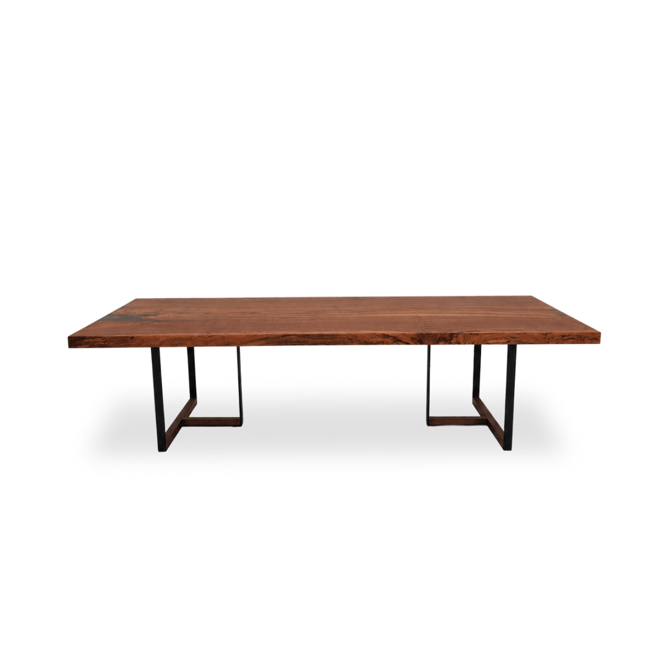 Contemporary Congo Padauk dining table with metal T-shaped base and wooden inserts